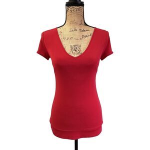 Lauren B Women's Red Short Sleeve Open Back Stretchy T-shirt Top Sz S